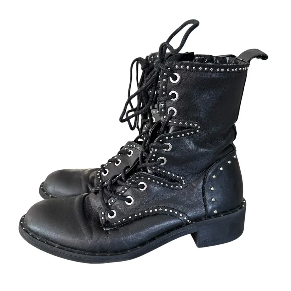 Zara Black Leather Lace Up Biker Chelsea Studded Punk Goth Ankle Boots Size 37 - Picture 4 of 15